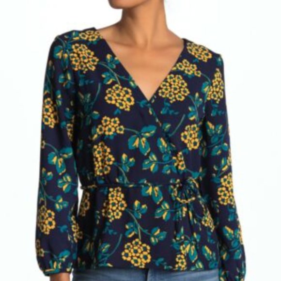 J. Crew Womens Navy Blue Yellow Floral Print Faux Wrap Top Blouse Size M - Picture 1 of 5